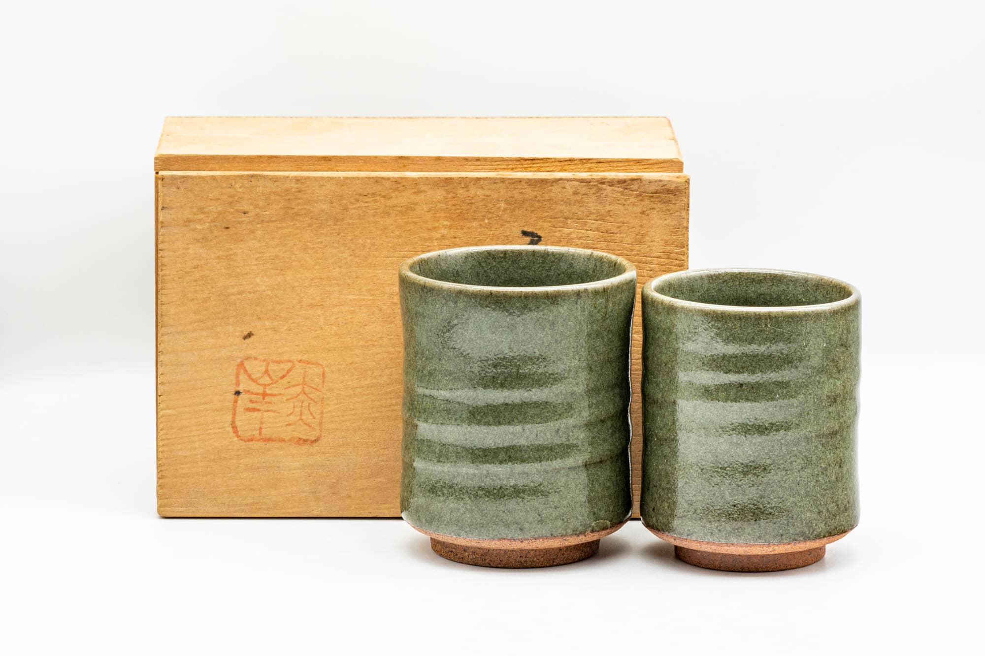 Japanese Teacups - Pair of Green Spiraling Meoto Yunomi in Wooden Box - 140ml