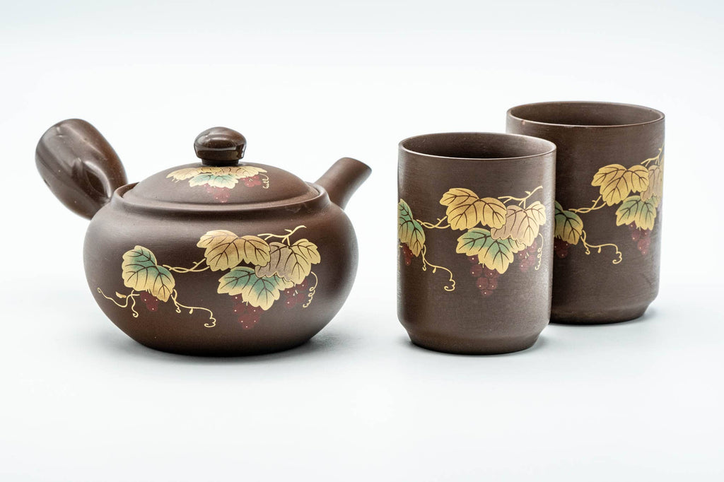 Japanese Tea Set - Grapevine Mesh Kyusu Teapot with 2 Meoto Yunomi Teacups
