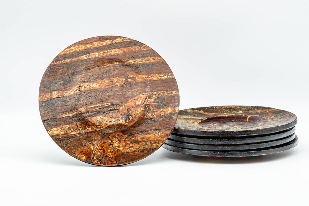Japanese Chataku - Set of 5 Cherry Bark Fuki Leaf Wooden Tea Saucers