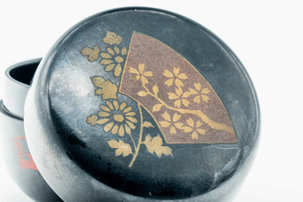 Japanese Natsume - Floral Painted Black Lacquered Matcha Tea Caddy - 70ml