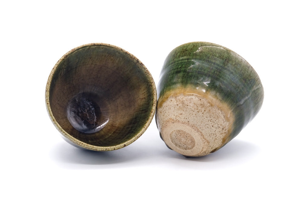 Japanese Teacups - Pair of Large Green Blue Drip-Glazed Yunomi - 300ml