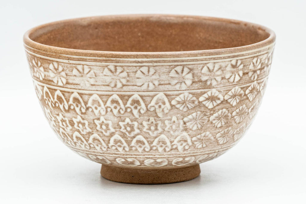 Japanese Matcha Bowl - Floral Geometric White Glazed Chawan - 300ml