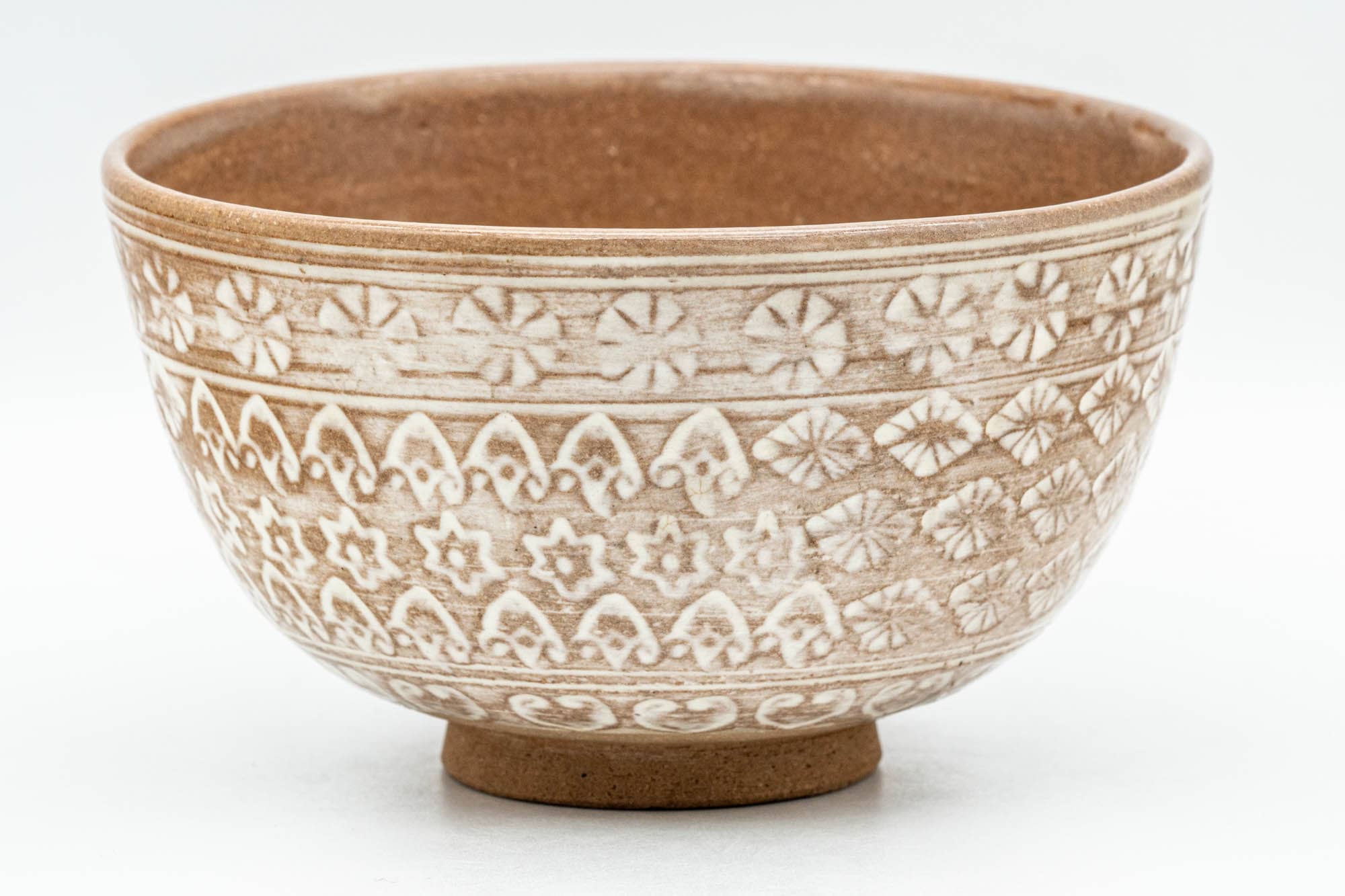 Japanese Matcha Bowl - Floral Geometric White Glazed Chawan - 300ml
