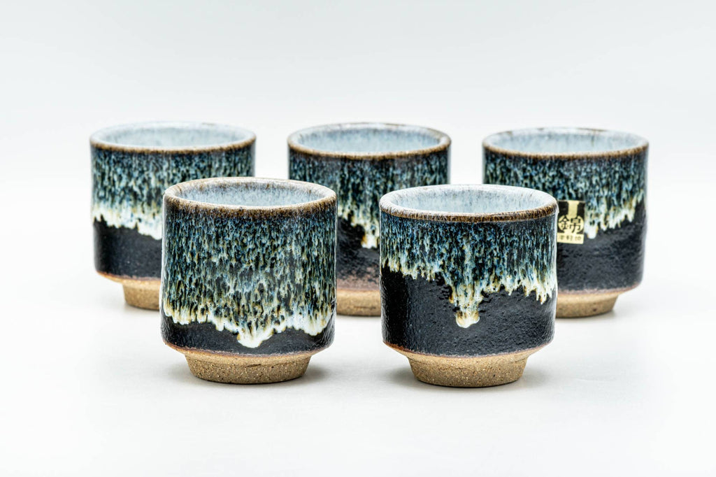 Japanese Teacups - Set of 5 Jet Black Blue Drip-Glazed Yunomi - 80ml