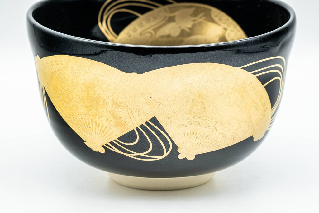 Japanese Matcha Bowl - Black Gold Glazed Geometric Komogai-nari Kyo-yaki Chawan  - 350ml