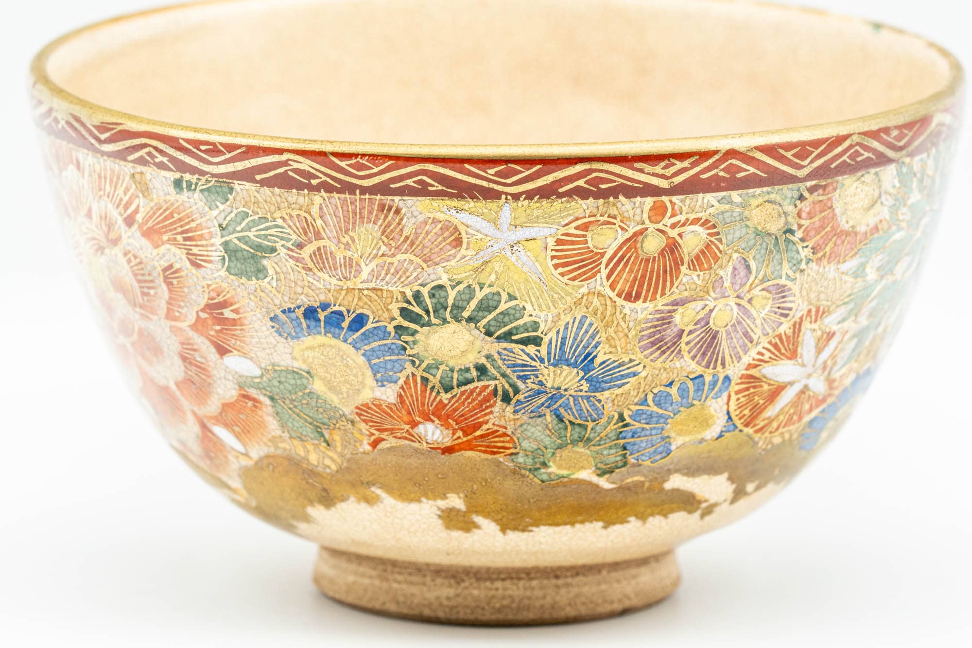 Japanese Matcha Bowl - Colourful Gold Floral Kutani-yaki Chawan - 250ml