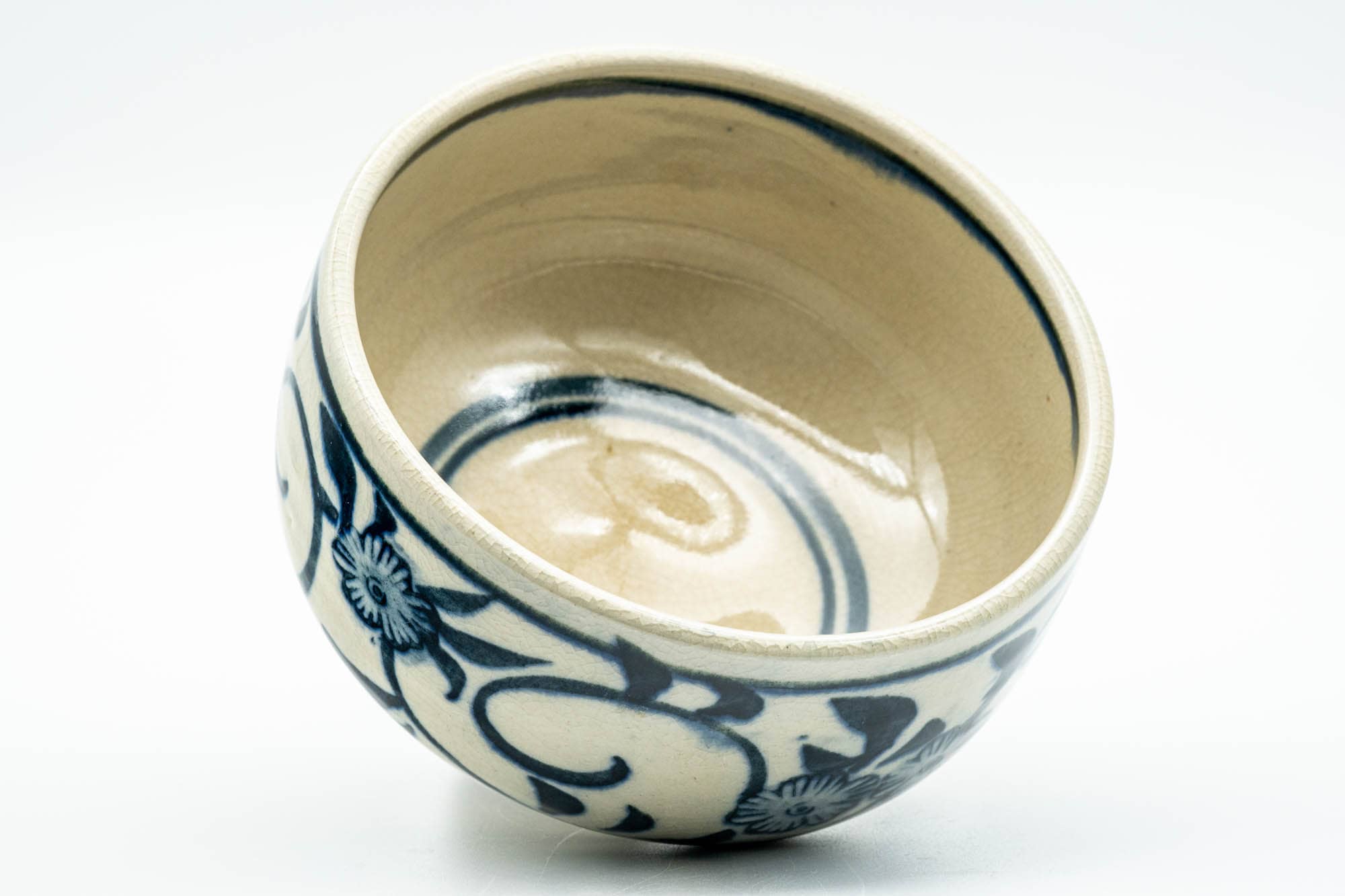 Japanese Matcha Bowl - Blue Floral Geometric Hantsutsu-gata Chawan - 350ml