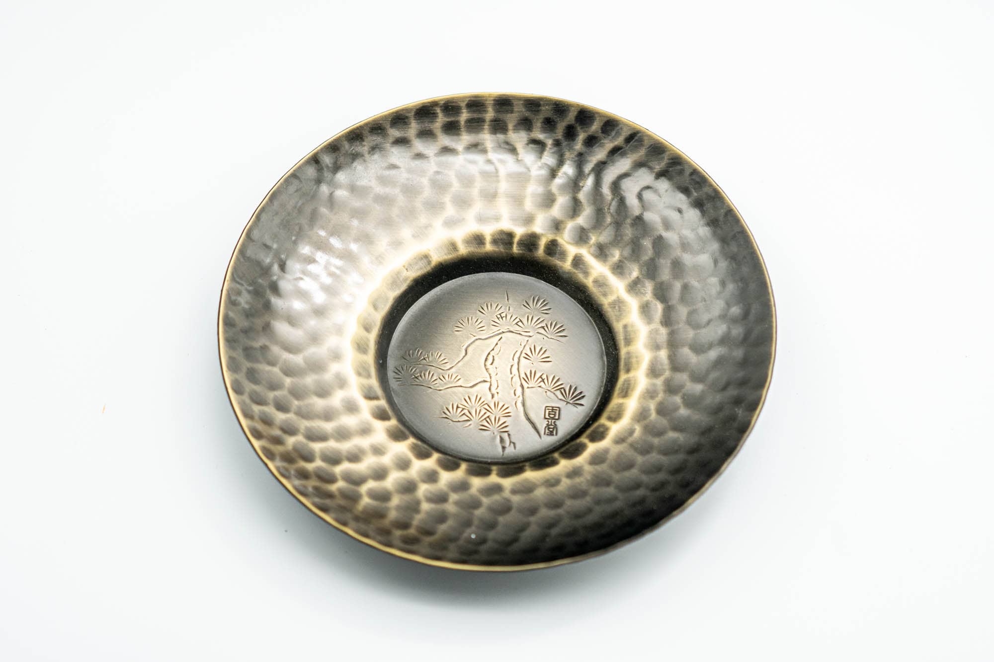 Japanese Chataku - Set of 5 Hammered Brass Uniquely Engraved Tea Saucers with Chasaji Tea Scoop in Wooden Box