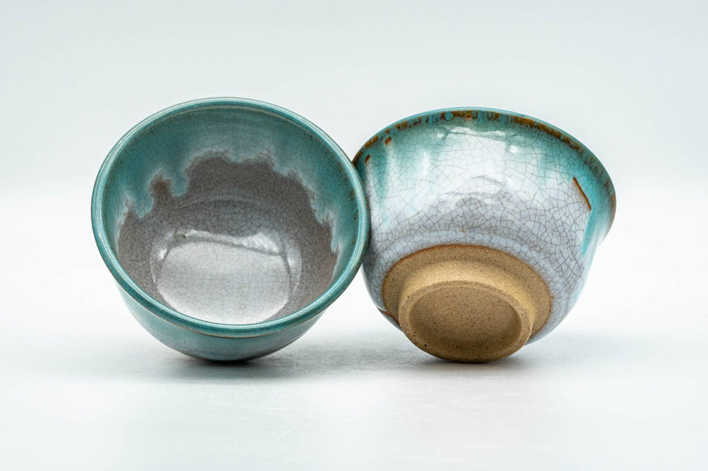 Japanese Teacups - Pair of White Green Drip-Glazed Agano-yaki Yunomi - 100ml