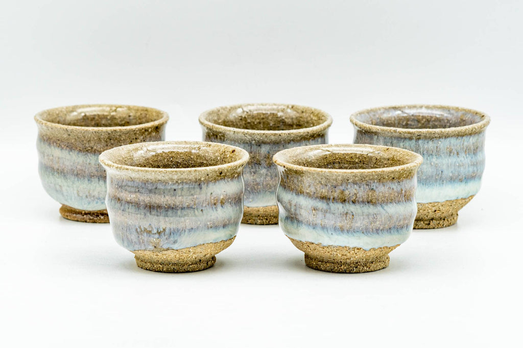 Japanese Teacups - Set of 5 Blue Milky White Drip-Glazed Guinomi - 35ml