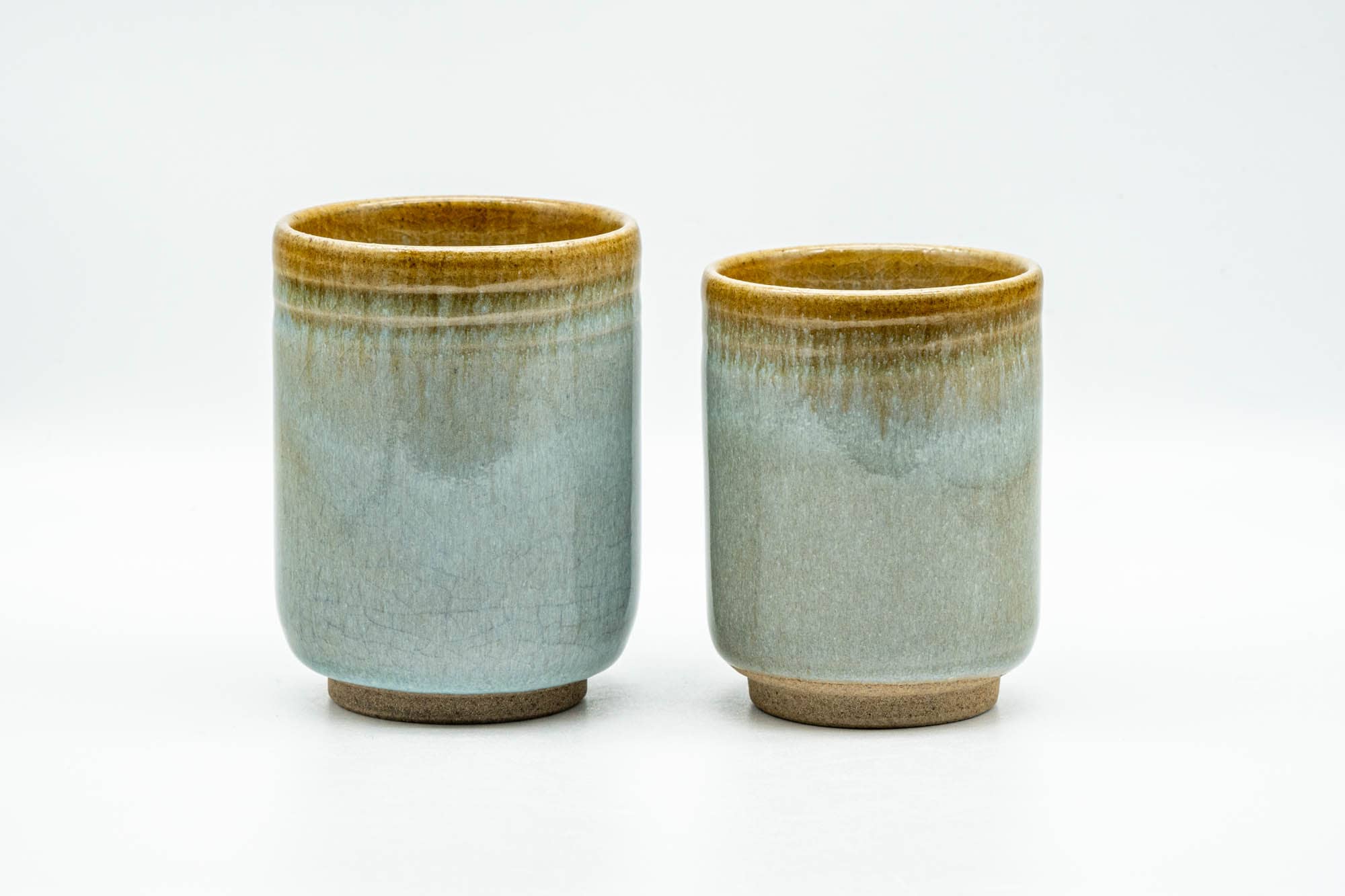 Japanese Teacups - Pair of Green-Yellow Celadon Glazed Meoto Yunomi