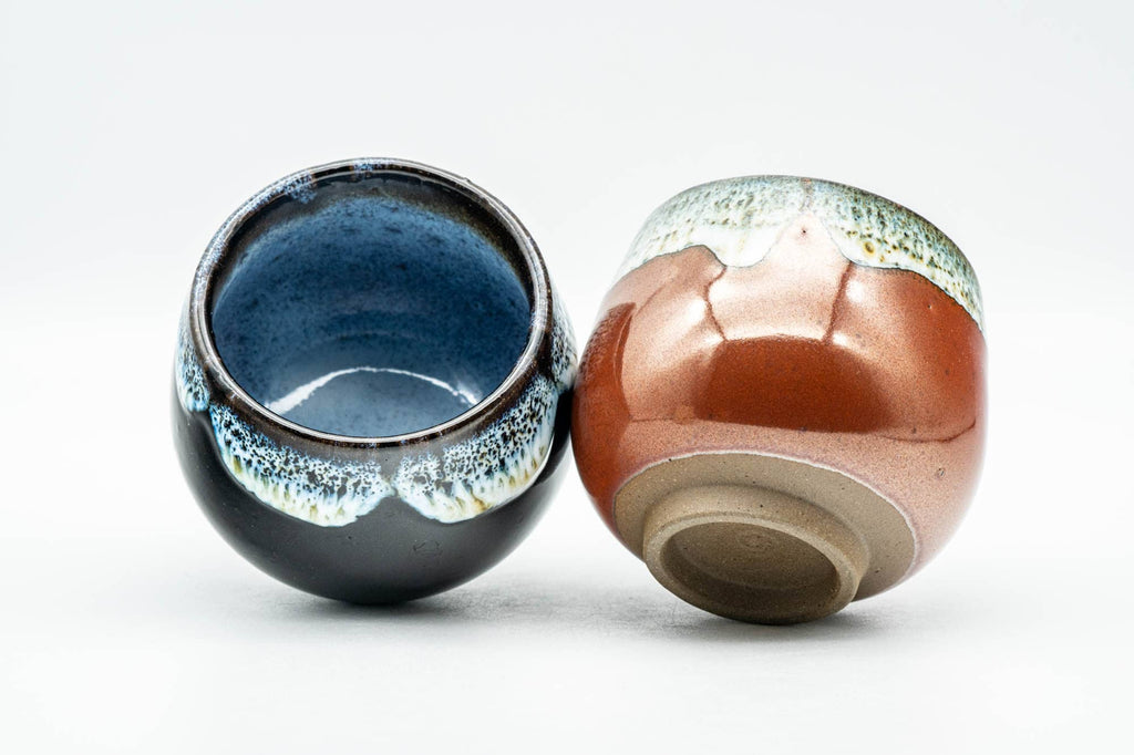Japanese Teacups - Pair of Black and Red White Drip-Glazed Yunomi - 110ml