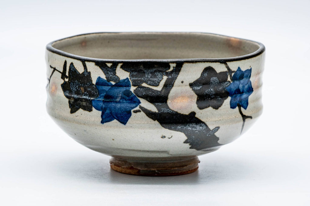 Japanese Matcha Bowl - Blue Floral Gohonte Grey Glazed Kyo-yaki Chawan - 300ml