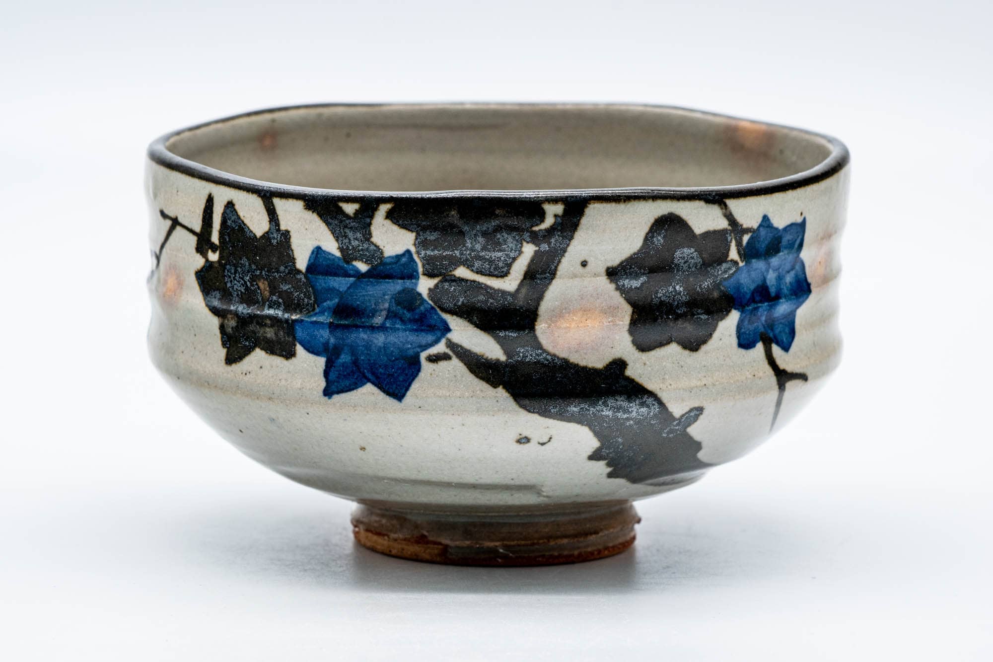 Japanese Matcha Bowl - Blue Floral Gohonte Grey Glazed Kyo-yaki Chawan - 300ml