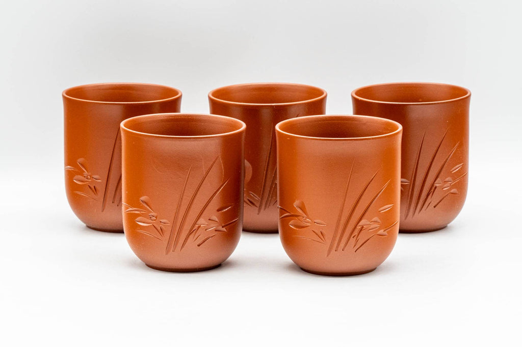 Japanese Tea Set - Long Grass Engraved Tokoname-yaki Debeso Kyusu Teapot with 5 Yunomi Teacups