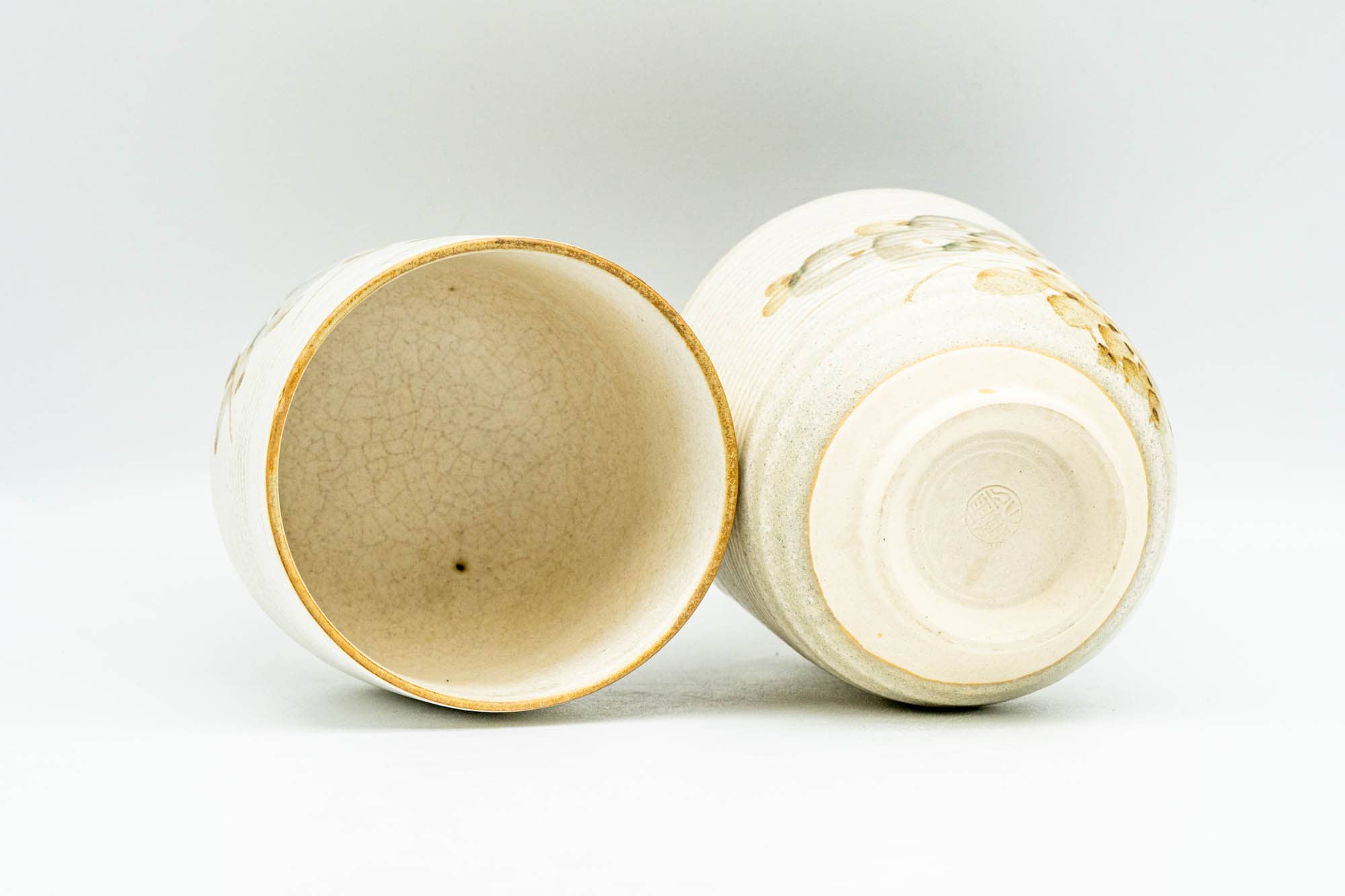 Japanese Teacups - Pair of Beige Floral Kiyomizu-yaki Yunomi - 110ml