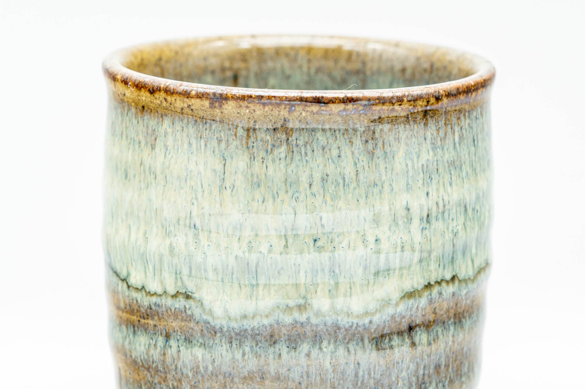 Japanese Teacups - Pair of Beige Hare's Fur Drip-Glazed Lidded Meoto Yunomi with Wooden Box
