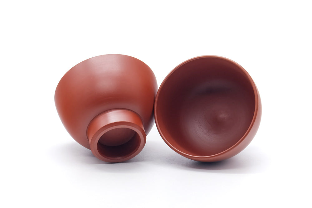 Japanese Teacups - Pair of Calligraphy Engraved Tokoname Red Shudei Yunomi - 80ml