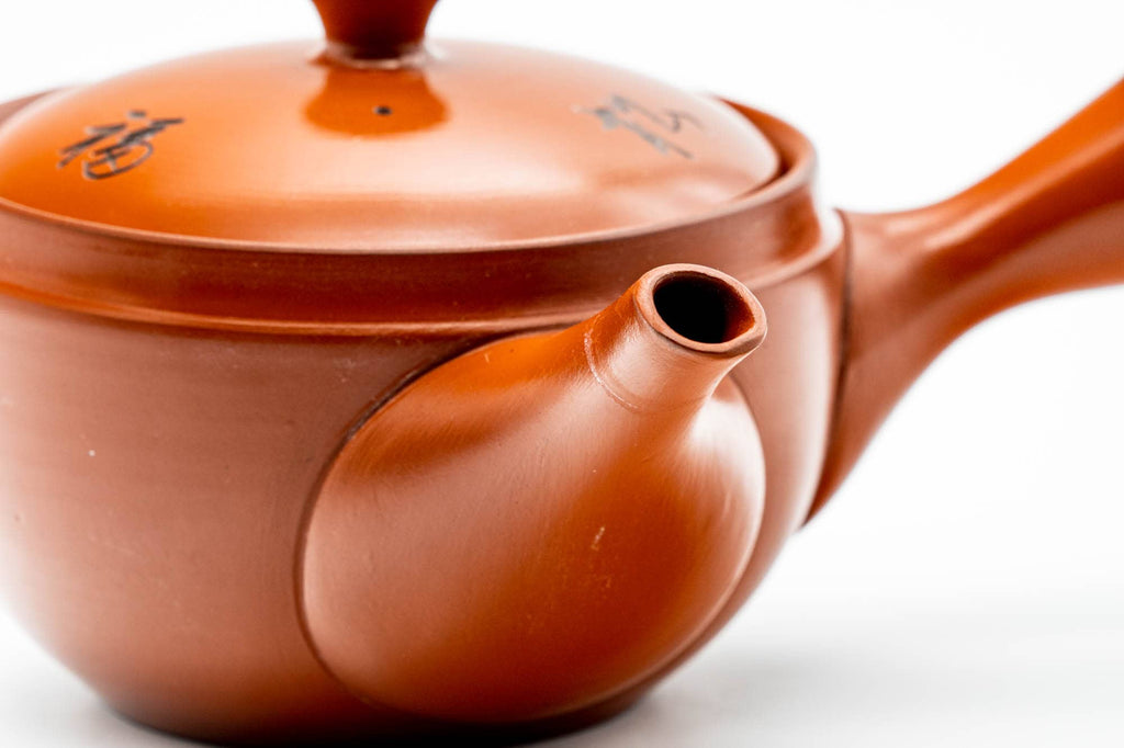Japanese Kyusu - Kanji Leaves Engraved Red Shudei Tokoname-yaki Mesh Teapot - 275ml