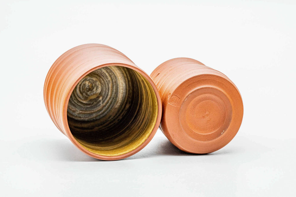 Japanese Teacups - Pair of Spiraling Orange Yellow Hakeme Meoto Yunomi