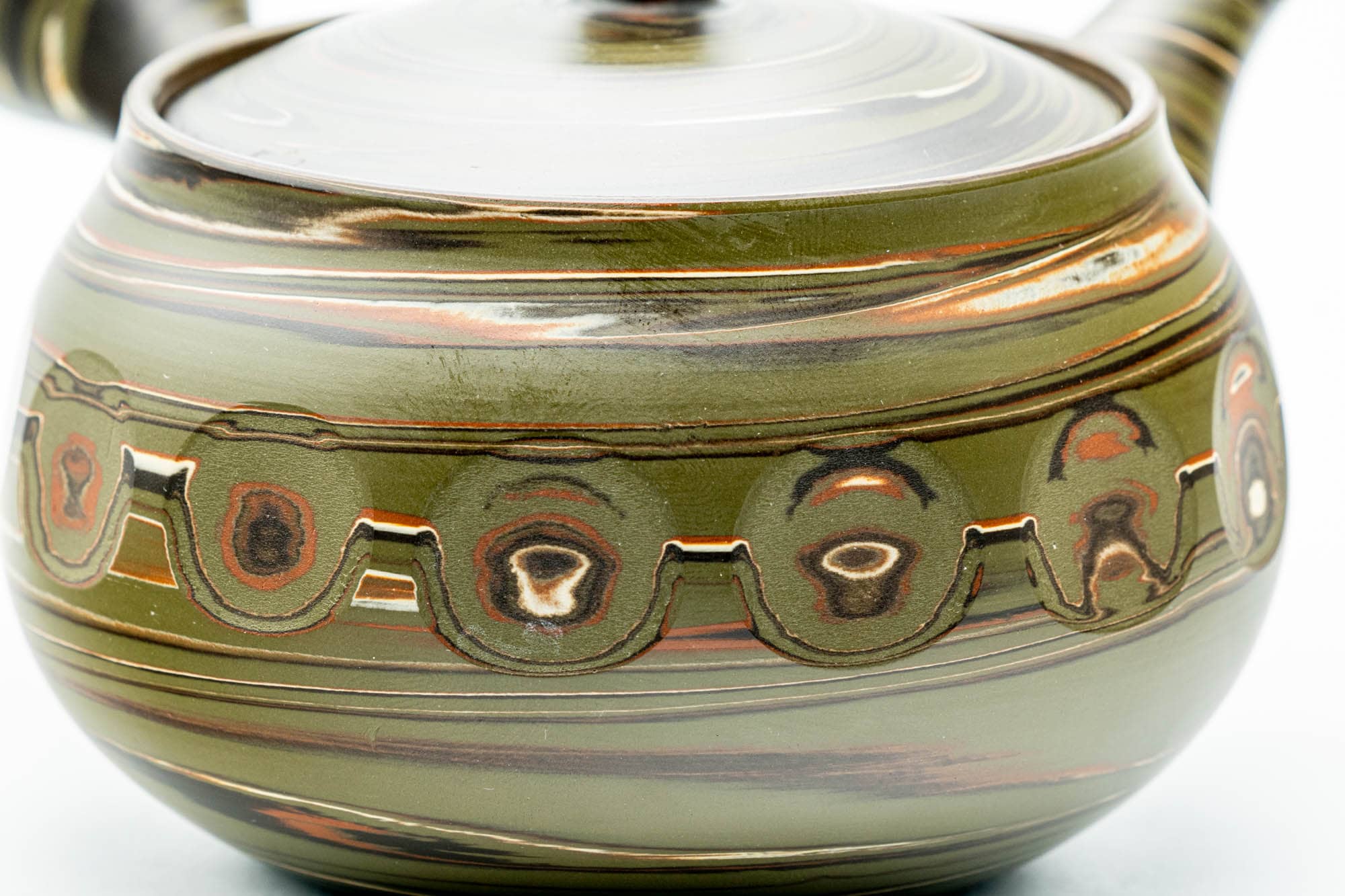 Japanese Kyusu - Carved Green Marbled Nerikomi Tokoname-yaki Mesh Teapot - 300ml