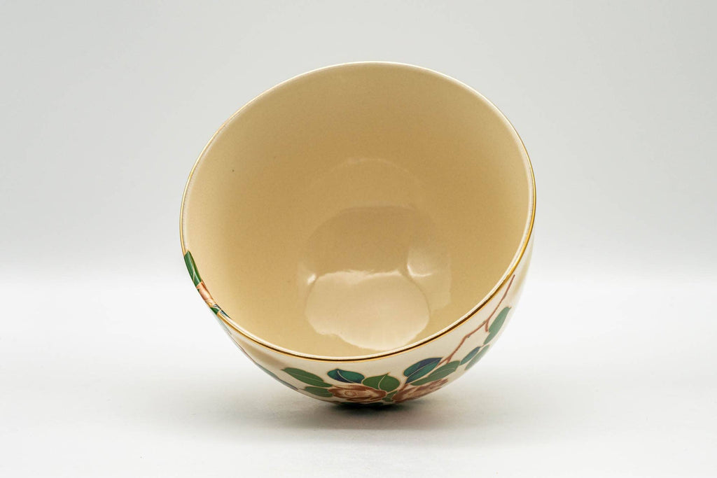Japanese Matcha Bowl - Beige Floral Wan-nari Kyo-yaki Chawan - 400ml