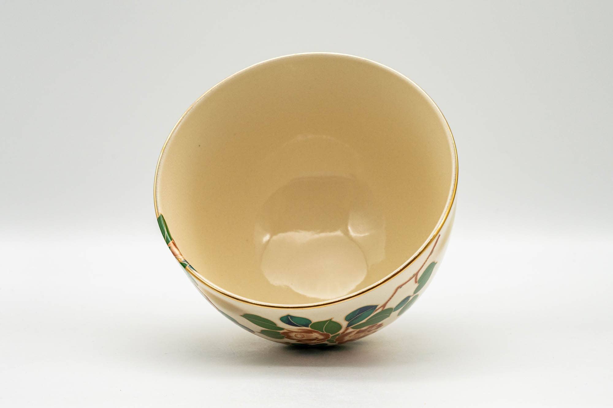 Japanese Matcha Bowl - Beige Floral Wan-nari Kyo-yaki Chawan - 400ml