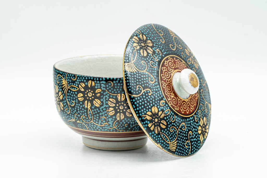 Japanese Teacup - 九谷焼 Floral Aochibu Kutani-yaki Porcelain Lidded Yunomi - 120ml