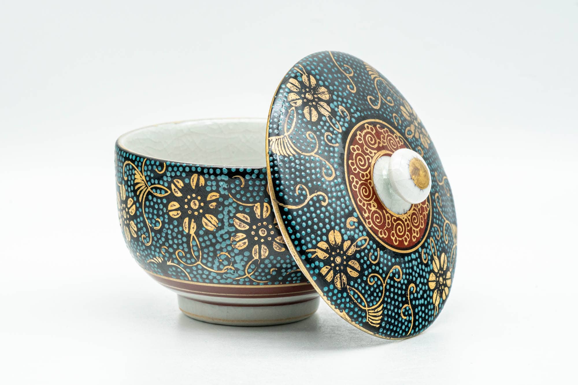 Japanese Teacup - 九谷焼 Floral Aochibu Kutani-yaki Porcelain Lidded Yunomi - 120ml