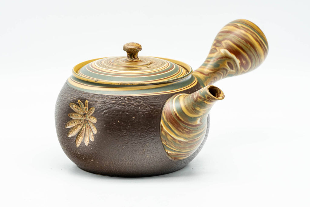Japanese Kyusu - Engraved Floral Nerikomi Textured Tokoname-yaki Debeso Teapot - 240ml
