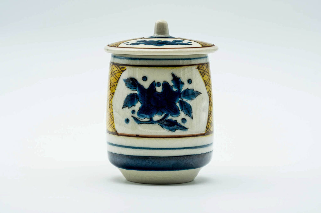 Japanese Teacup - Beige Blue Geometric Kutani-yaki Lidded Yunomi - 160ml