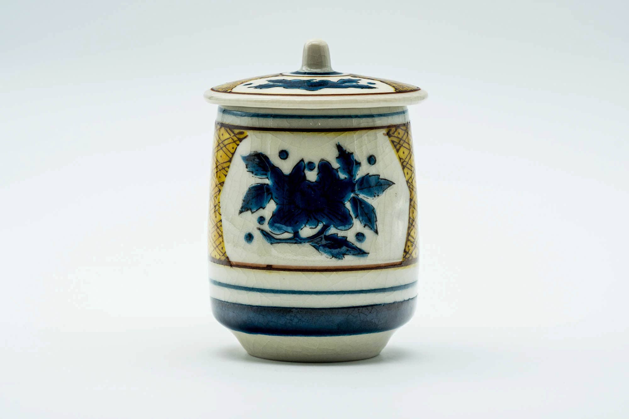 Japanese Teacup - Beige Blue Geometric Kutani-yaki Lidded Yunomi - 160ml