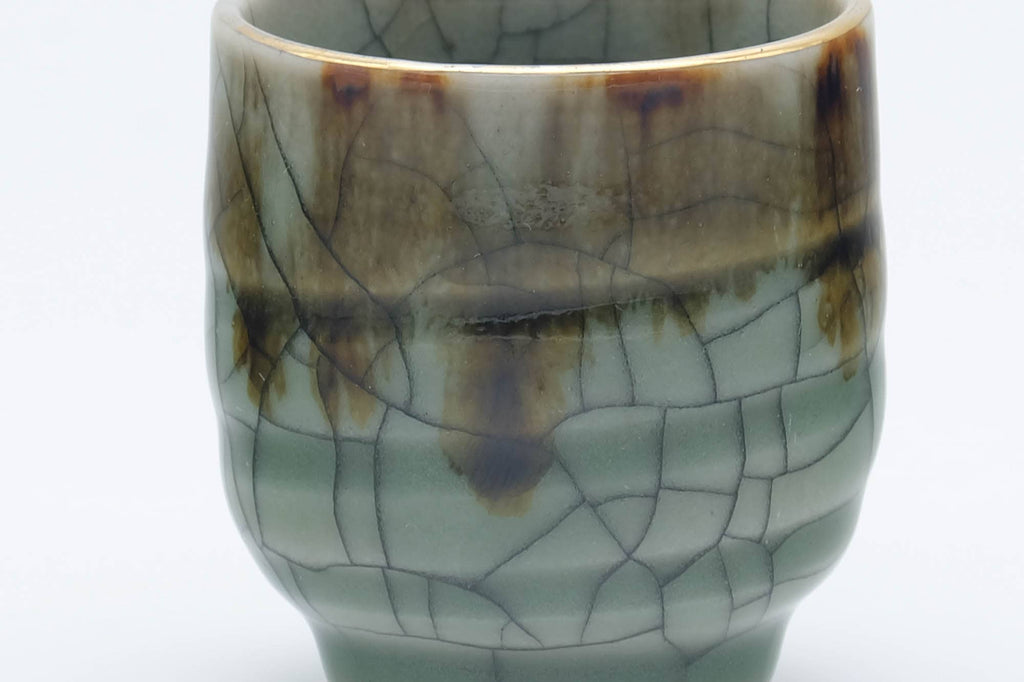 Japanese Teacup - Brown Drip-Glazed Crazed Green Celadon Obori Soma-yaki Guinomi - 40ml