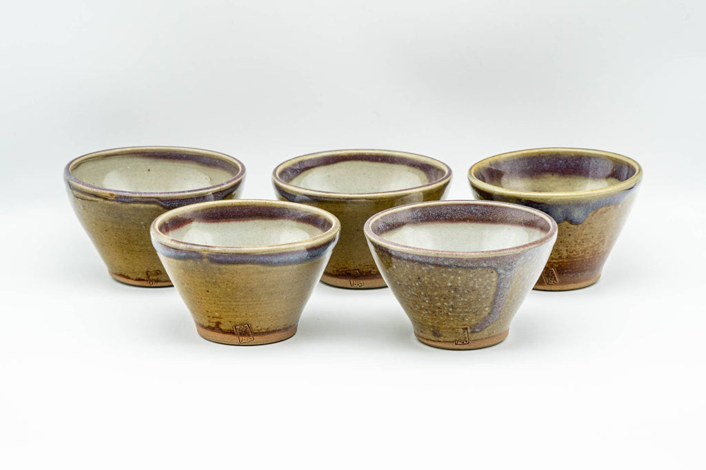 Japanese Tea Set - Green Purple Drip-Glazed Houhin Teapot - Katakuchi Water Cooler - 5 Yunomi Teacups