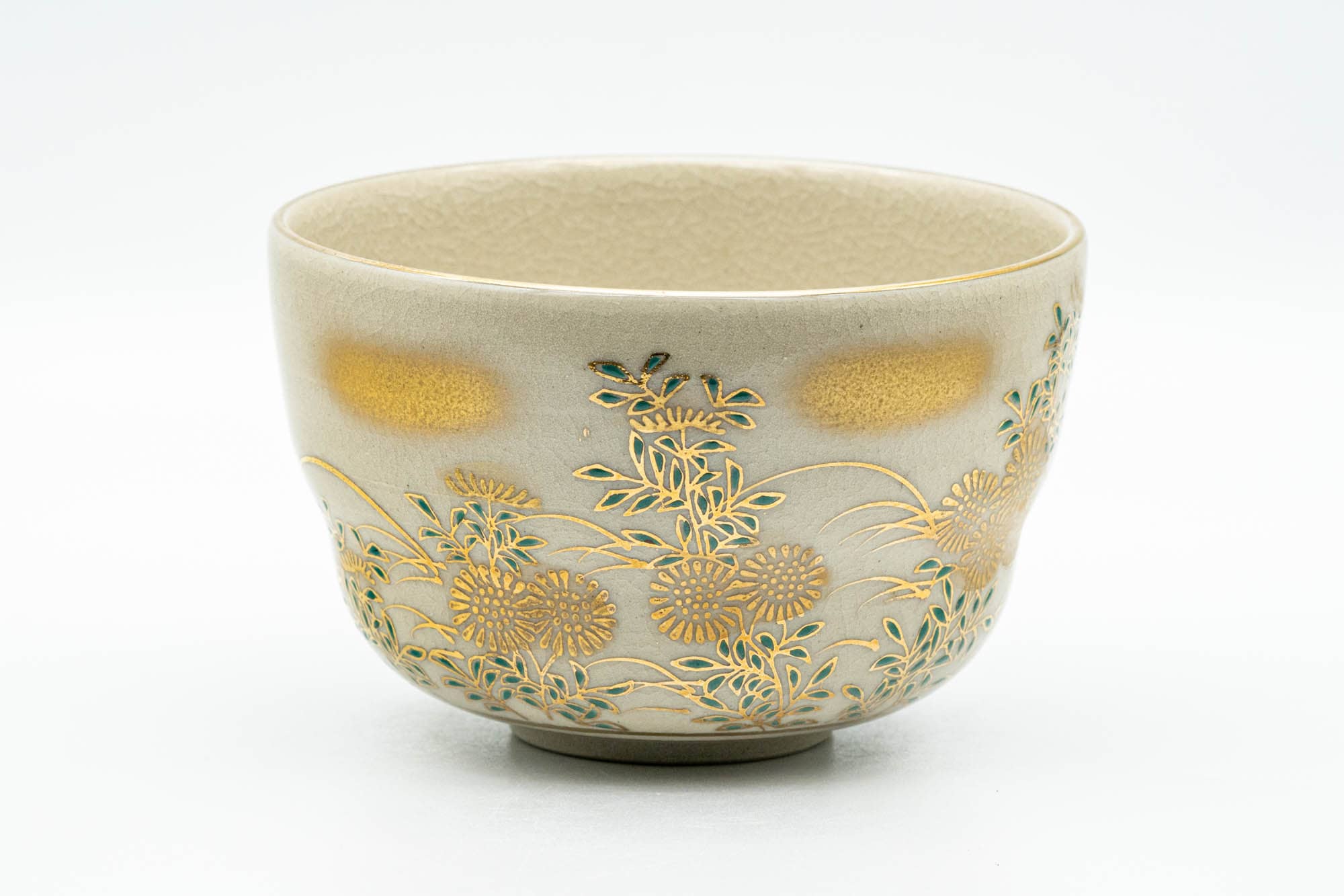 Japanese Matcha Bowl - Gold Green Floral Kutani-yaki Chawan - 350ml