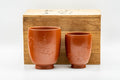 Japanese Teacups - Pair of Smooth Red Shudei Tokoname-yaki Meoto Yunomi with Wooden Box