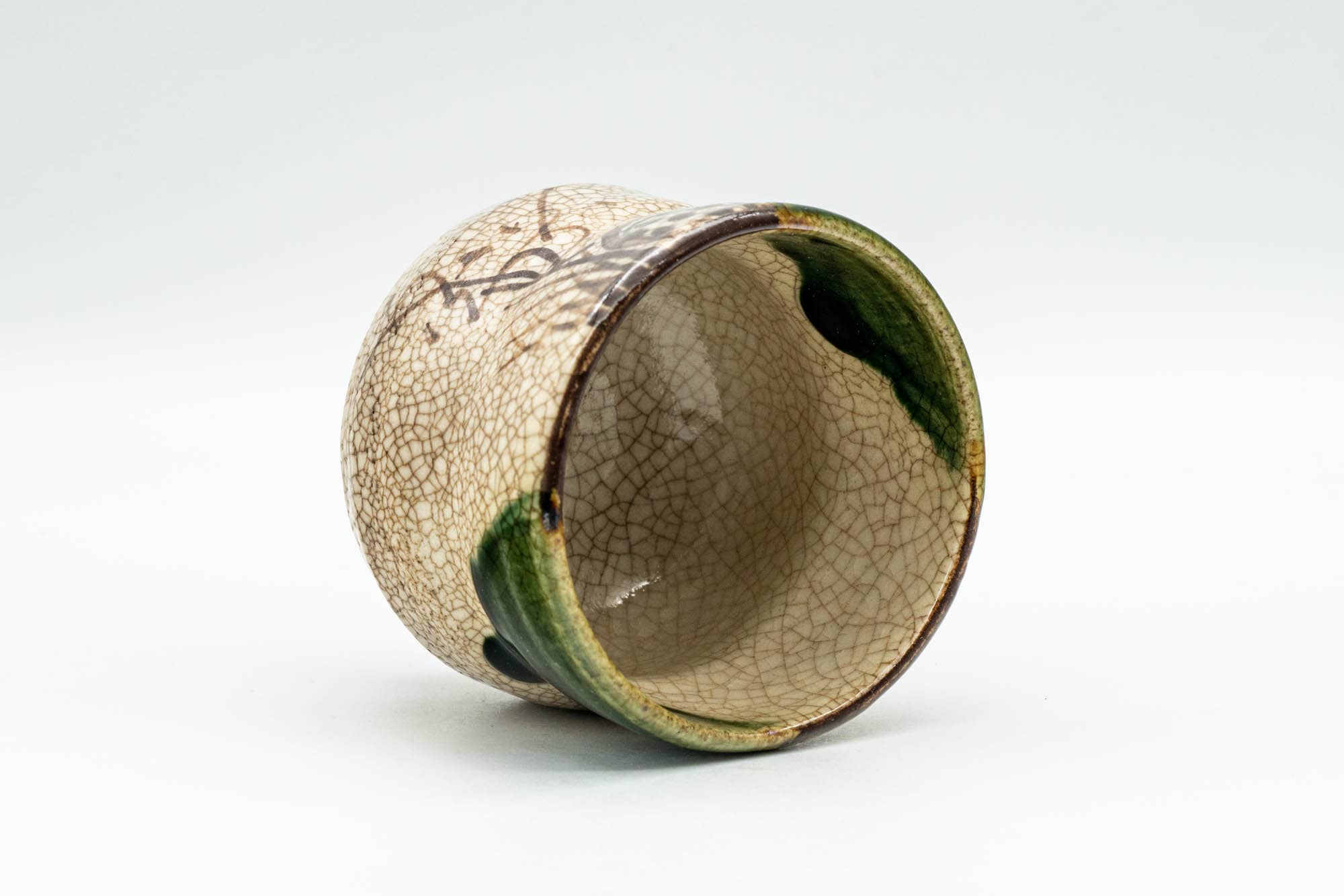 Japanese Teacup - Crazed Green Drip-Glazed Geometric Oribe-yaki Yunomi - 110ml