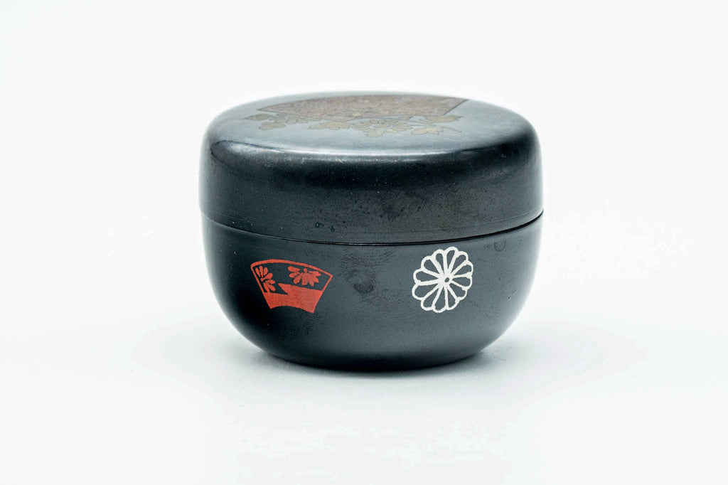 Japanese Natsume - Floral Painted Black Lacquered Matcha Tea Caddy - 70ml