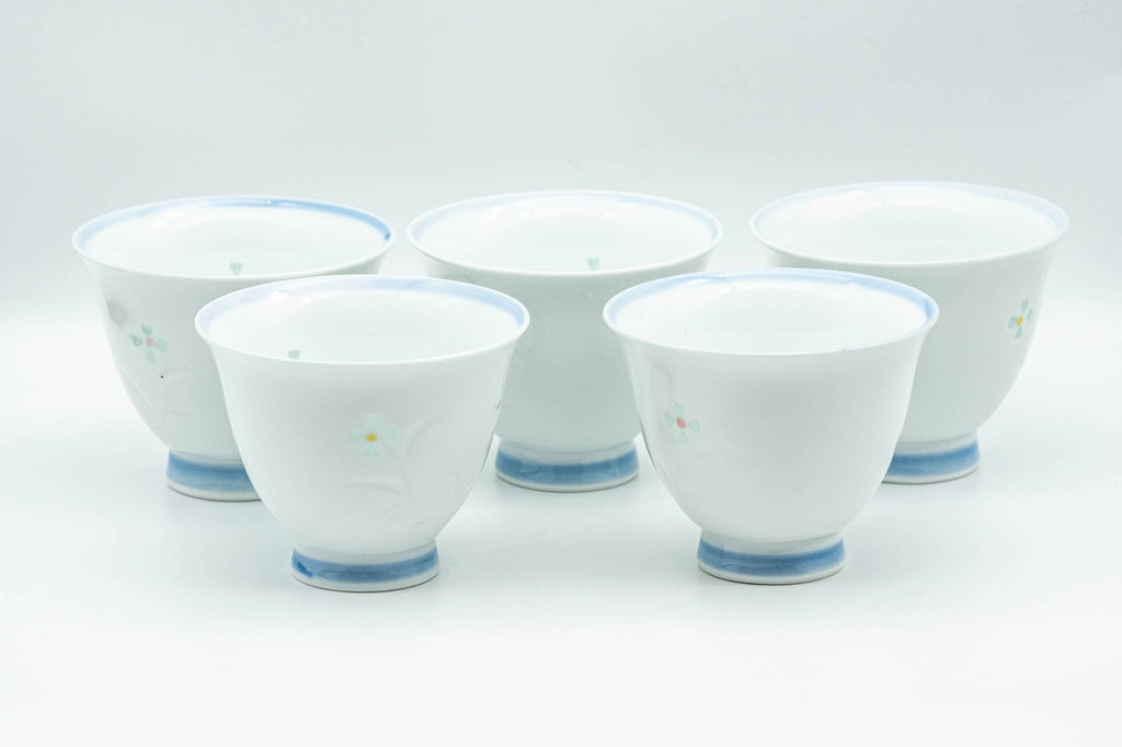Japanese Tea Set - Floral White Arita-yaki Porcelain Kyusu Teapot with 5 Yunomi Teacups