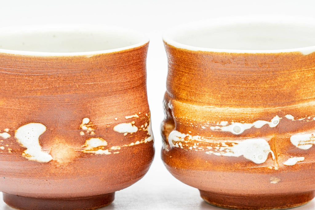 Japanese Teacups - Pair of Orange White Textured Glazed Yunomi - 100ml