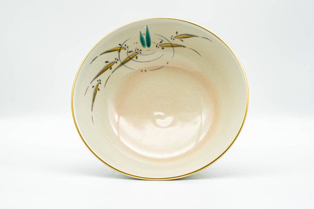 Japanese Matcha Bowl - Beige Gold Pond Leaves Kyo-yaki Summer Chawan - Juraku  寿楽 - 200ml
