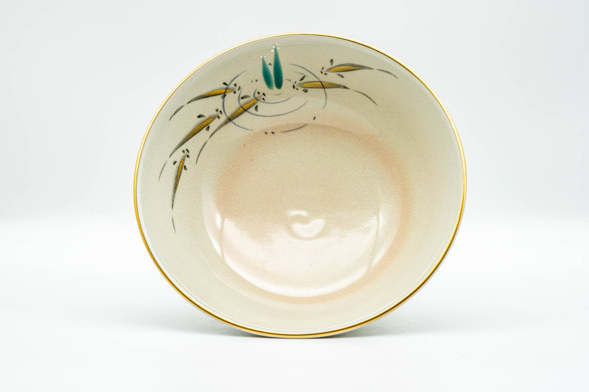 Japanese Matcha Bowl - Beige Gold Pond Leaves Kyo-yaki Summer Chawan - Juraku  寿楽 - 200ml