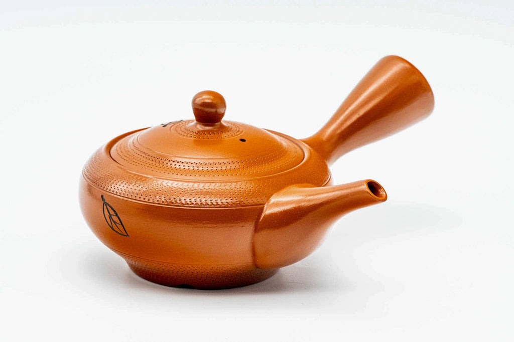 Japanese Kyusu - Engraved Leaves Red Shudei Tokoname-yaki Mesh Teapot - 275ml