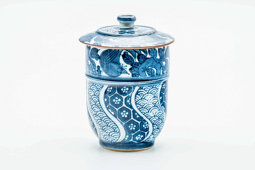 Japanese Teacup - Blue White Geometric Arita-yaki Lidded Yunomi - 180ml