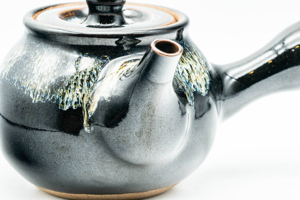Japanese Kyusu - Jet Black Hare's Fur Drip-Glazed Do-ake Ceramic Filter Teapot - 340ml