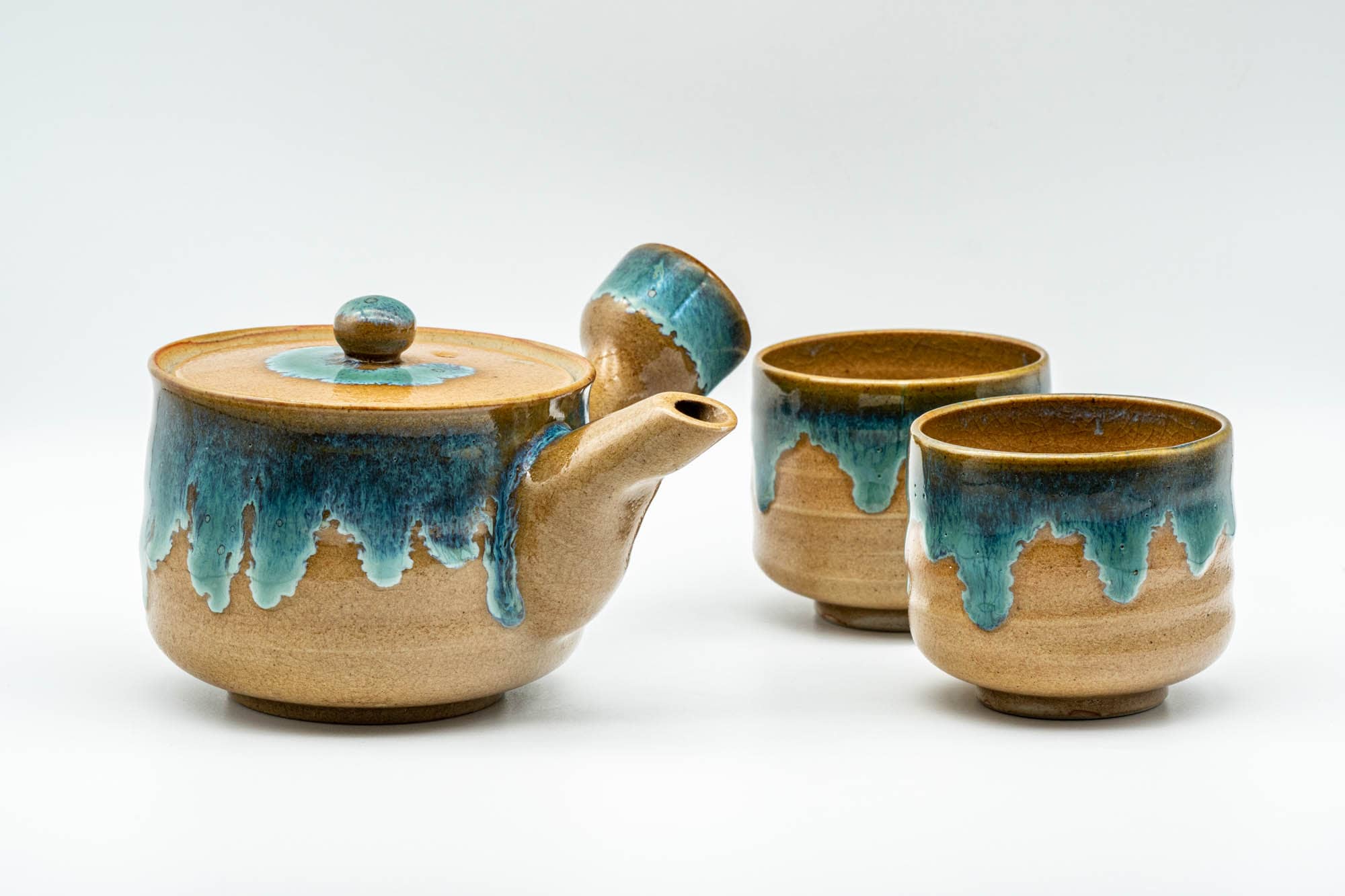 Japanese Tea Set - Agano-yaki Blue Drip-Glazed Do-ake Kyusu Teapot with 2 Yunomi Teacups