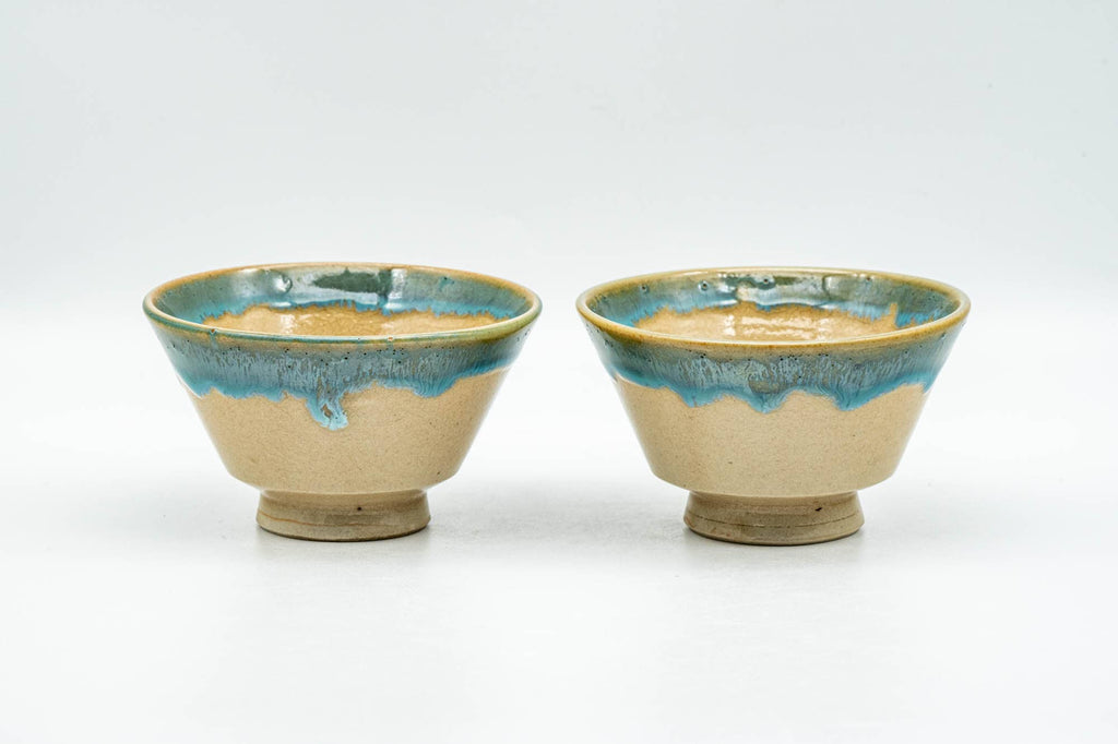 Japanese Teacups - Pair of Beige Turquoise Drip-Glazed Agano-yaki Yunomi - 70ml