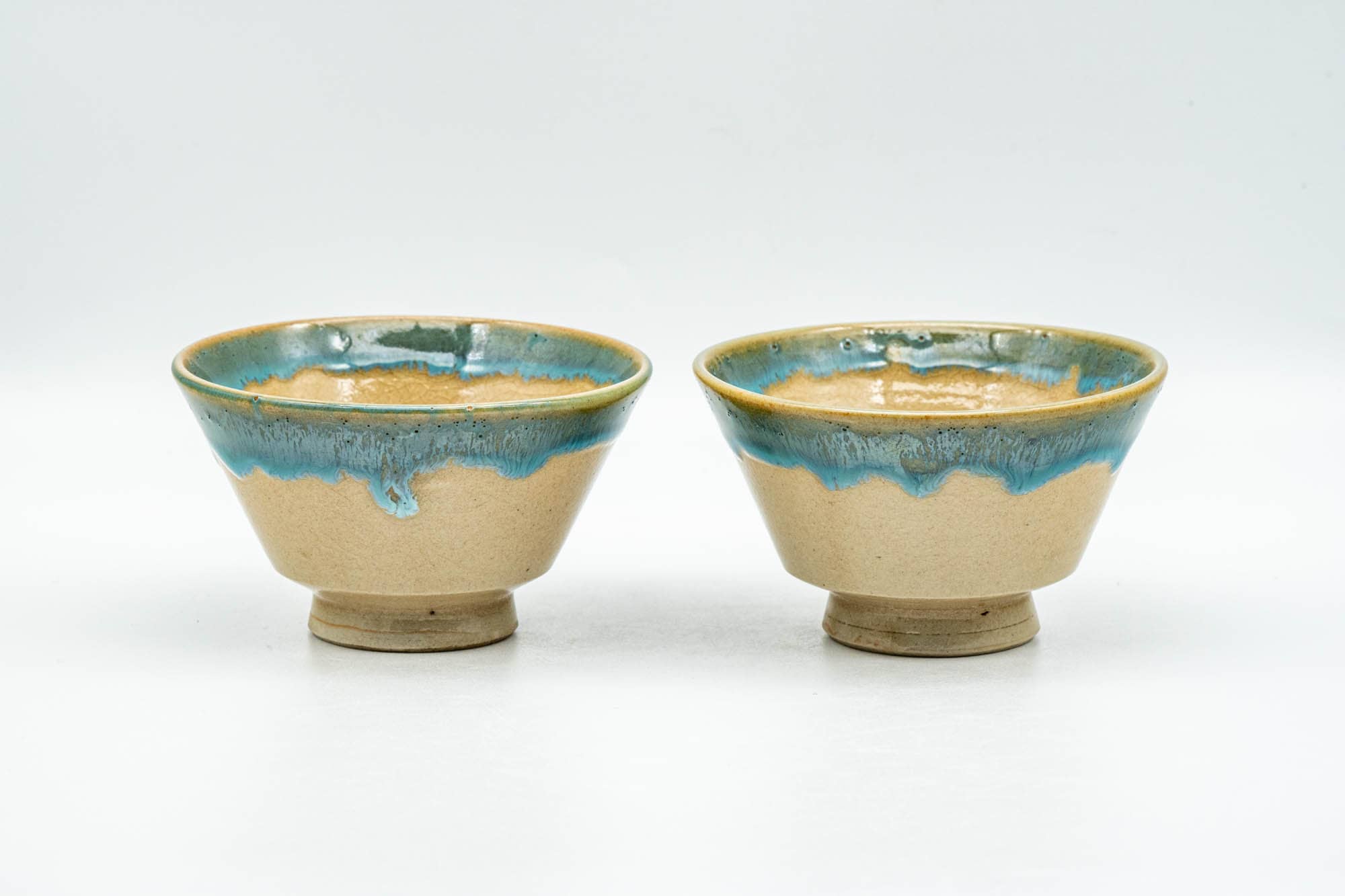 Japanese Teacups - Pair of Beige Turquoise Drip-Glazed Agano-yaki Yunomi - 70ml