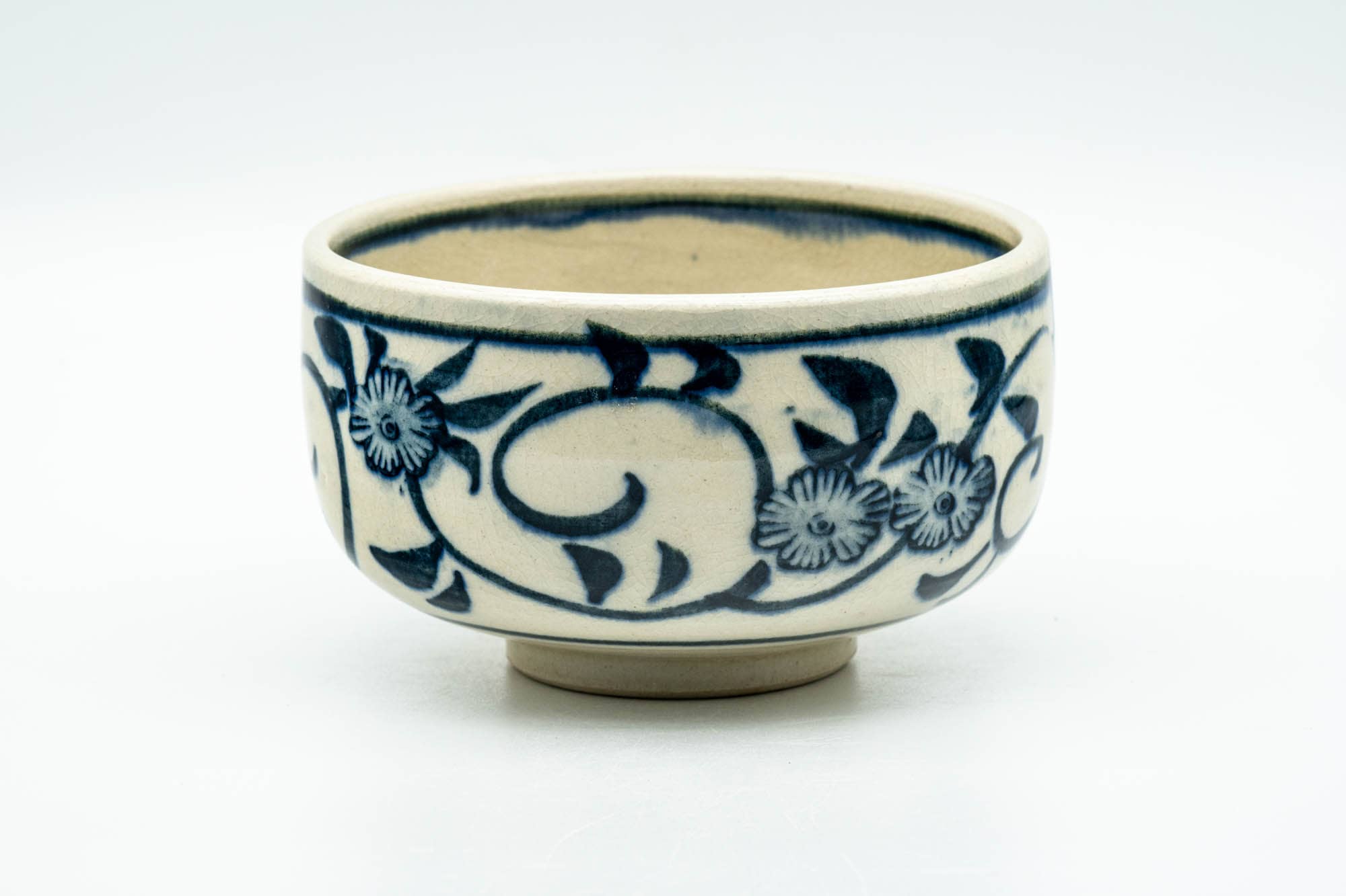 Japanese Matcha Bowl - Blue Floral Geometric Hantsutsu-gata Chawan - 350ml