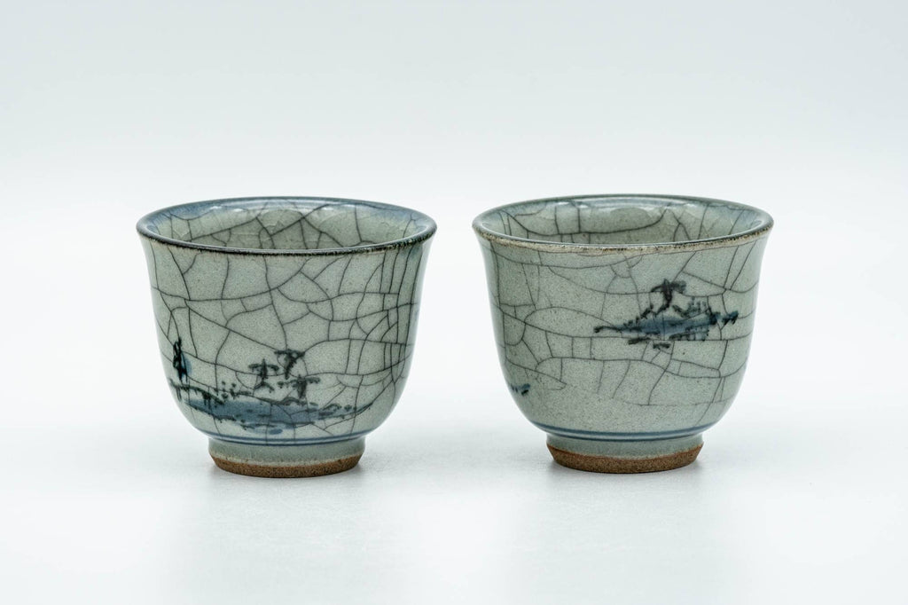 Japanese Teacups - Pair of Celadon Village Obori Soma-yaki Yunomi - 80ml